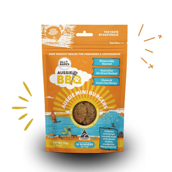 All Barks Aussie Mini Burgers Chicken & Superfood Dog Treats 110g (Approx 10)