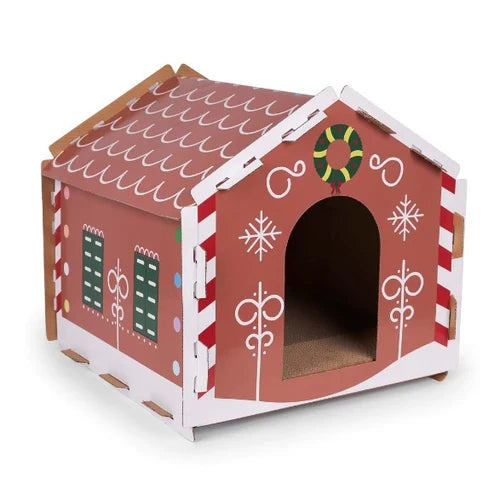 Kitty Christmas Cardboard Gingerbread House Scratcher H 37cm x W 34cm x D 40cm