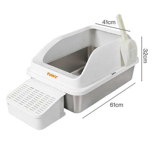 Pawz Stainless Steel Cat Litter Box Big Cats Kitten High Sided Easy Clean White-2065254294571061250