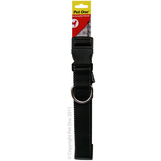 Pet One Dog Collar Nylon Reflective Adjustment 50 to 75cm 40mm Black