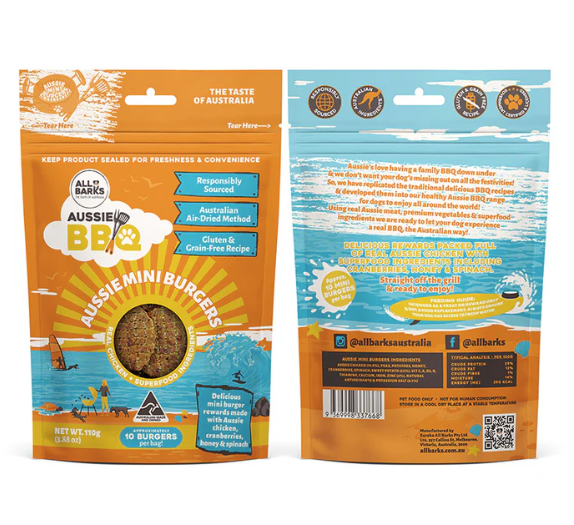 All Barks Aussie Mini Burgers Chicken & Superfood Dog Treats 110g (Approx 10)