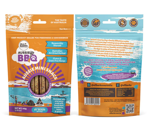 All Barks Aussie Mini Snags Beef & Superfood Dog Treats 110g (Approx 20)