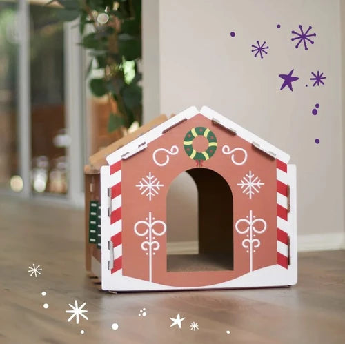 Kitty Christmas Cardboard Gingerbread House Scratcher H 37cm x W 34cm x D 40cm