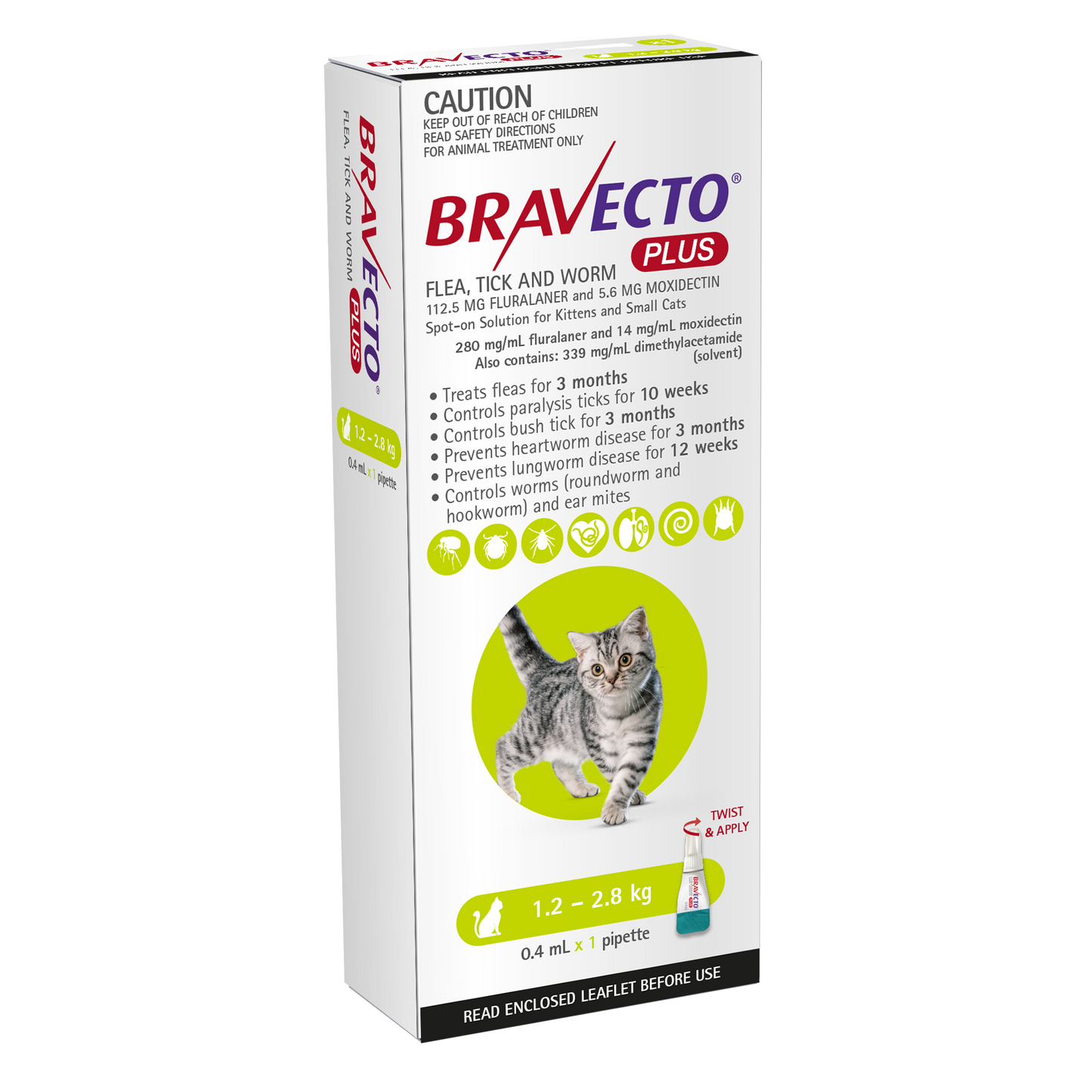 Bravecto Plus For Cats and Kittens Green 1.2 > 2.8KG 1 PACK