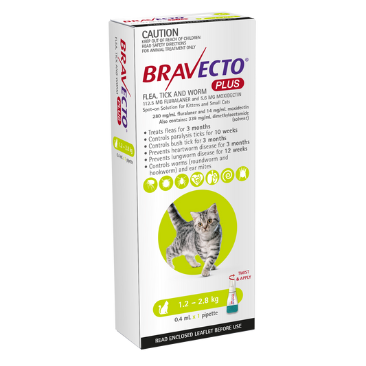 Bravecto Plus For Cats and Kittens Green 1.2 > 2.8KG 1 PACK