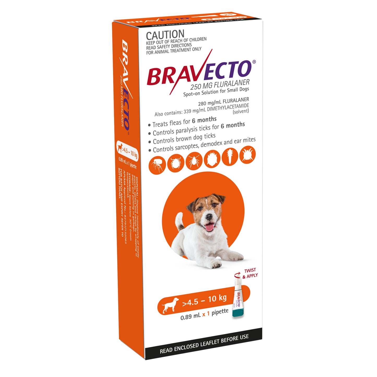 Bravecto Spot On Dog Orange 4.5 to 10kg Single