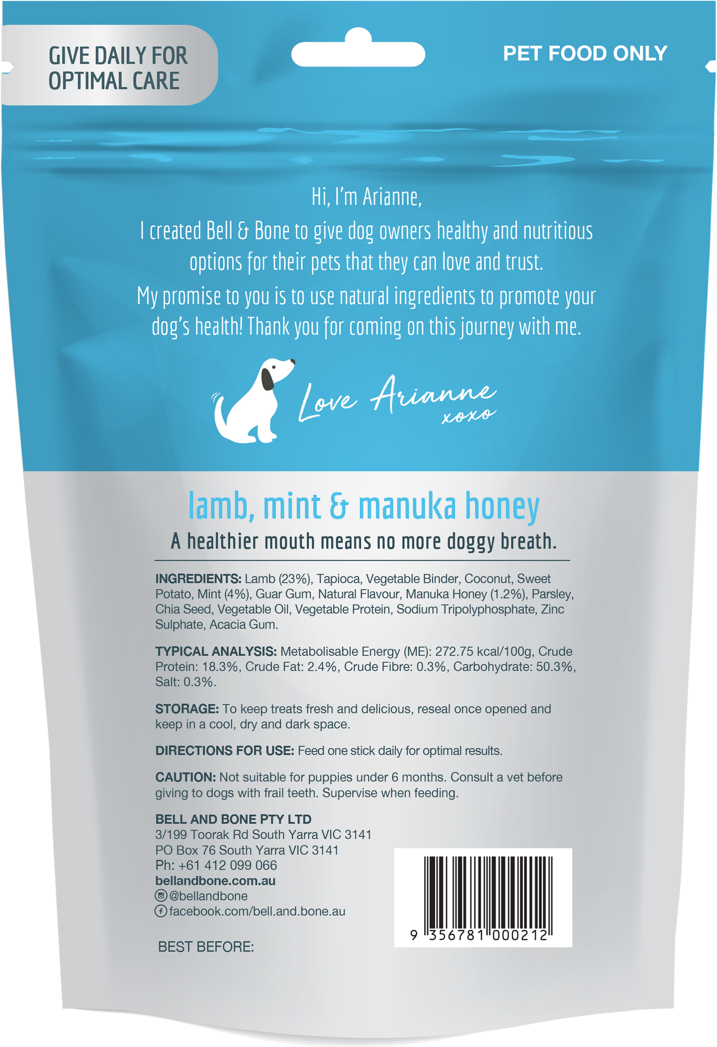 Bell & Bone Dental Sticks Lamb, Mint & Manuka Honey SMALL