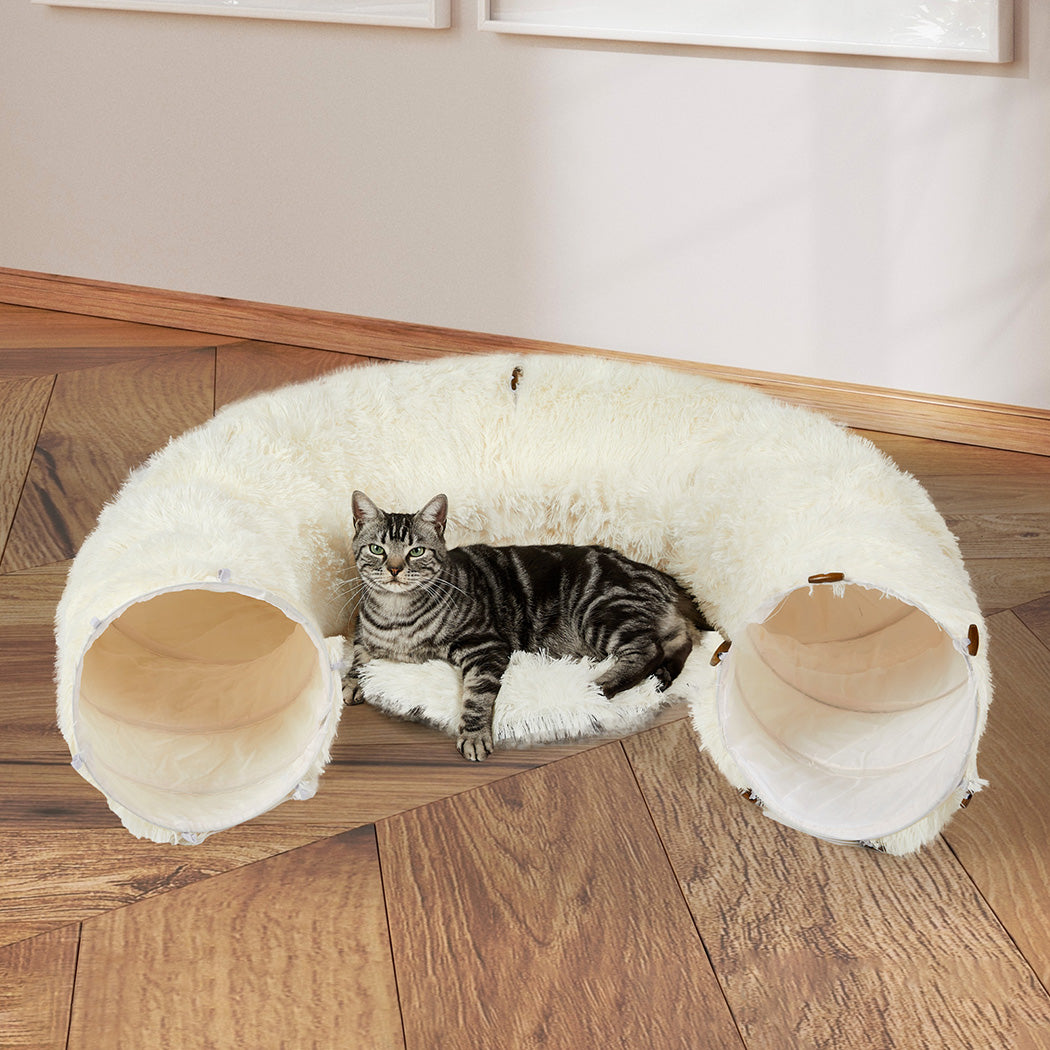 Pawz Cat Tunnel Foldable Fluffy Plush Play Tube Beige-1973193512564428807